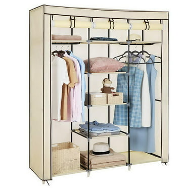 YYAO Portable Clothes Closet Non-Woven Fabric Wardrobe Closet Double Rod Clothes Storage Organizer Armoire with Side Pockets,69-Inch Beige